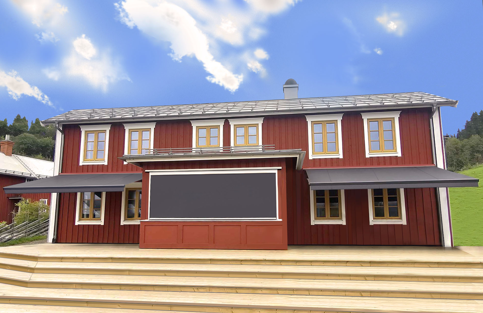 Markise på terrasse med utsikt mot sjø – solbeskyttelse fra Runas Markiser